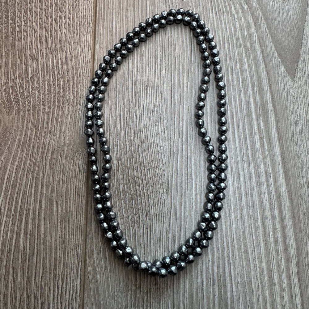 Silver Black Glass Bead Pearl Necklace